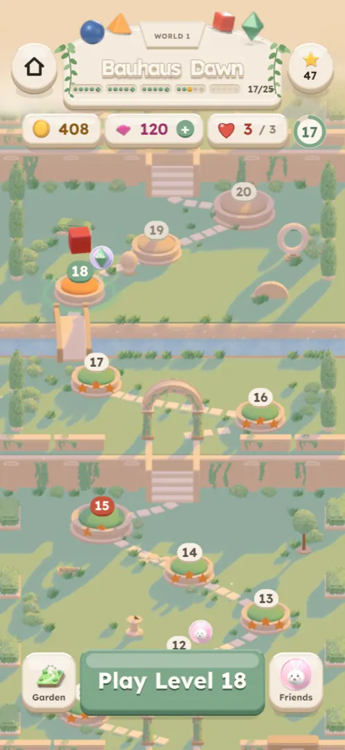 The world map with levels 11 to 20, a river and stairs