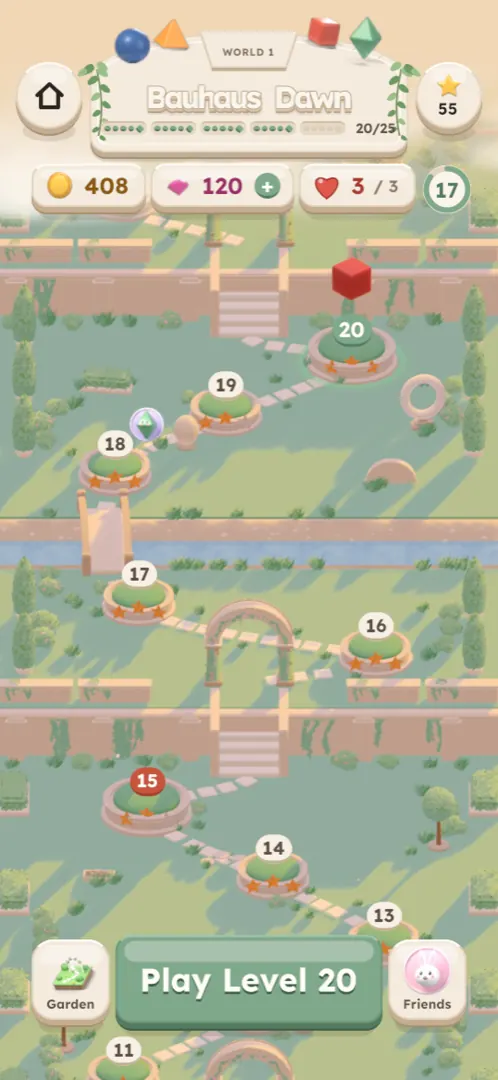 The world map with fountains and cleared levels