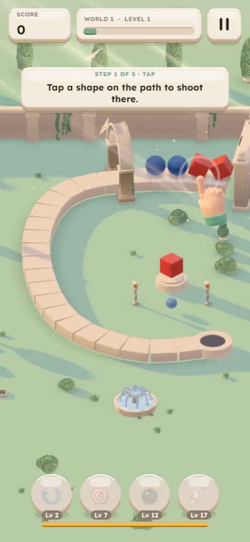 The tutorial level: a hand shows where to tap on the path